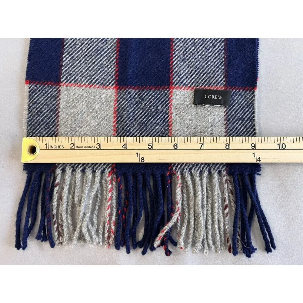 J. CREW‎ Wool Viscose Tartan Plaid Fringed Scarf Red Blue Gray 48